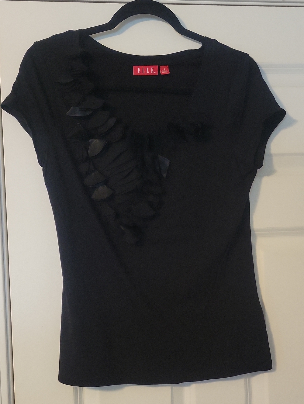 Elle Black Short Sleeve Ruffle Neck Top